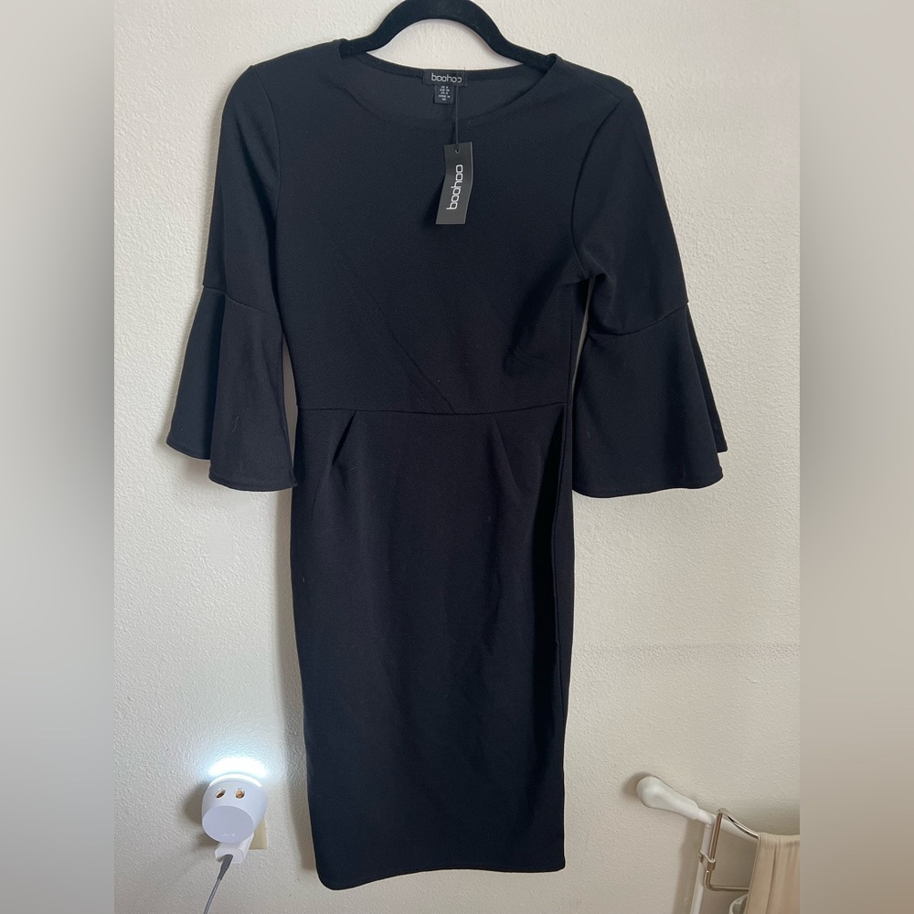 Boohoo Black Sheath Dress with Bell Sleeves